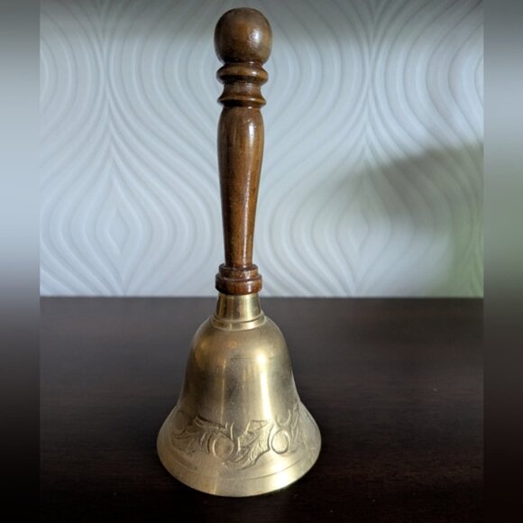 Vintage Etched Brass Hand Bell with Wooden Handle - Picture 3 of 4